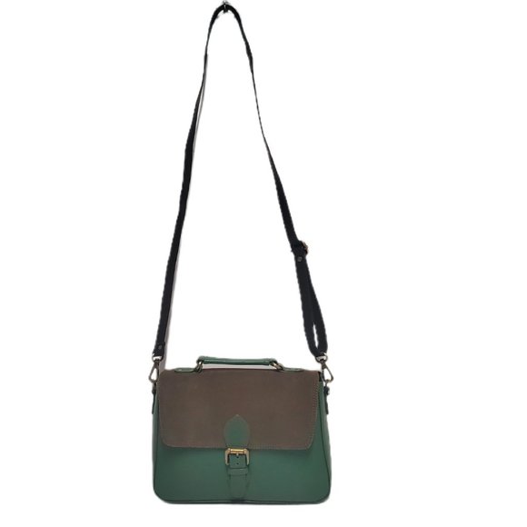 AuGre France Crossbody Bag Green & Black Leather Top Handle 2 Section Satchel - Picture 9 of 14